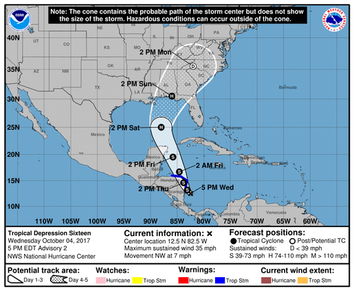 Tropical Depression 16 Forecast Cone (5 p.m. Wednesday, Oct. 4)